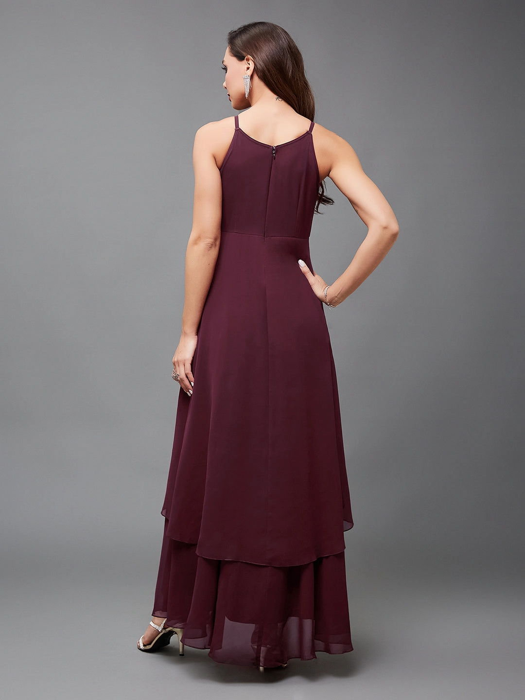 Women's Multicolored-Base-Wine Halter Neck Sleeveless Embellished Layered Georgette Maxi Dress Clean Edge Neutral Aesthetic