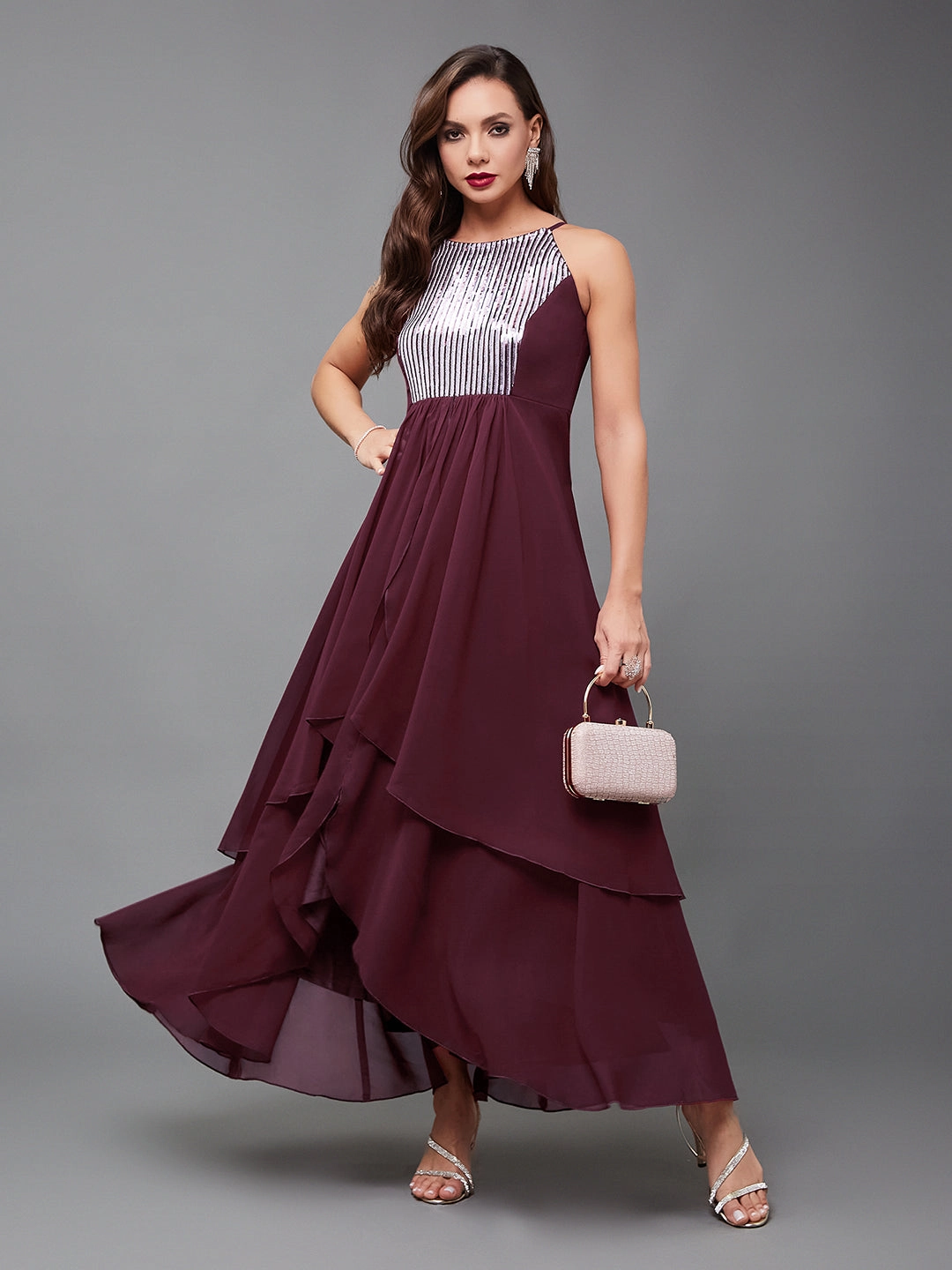 Chilly Comfort Wear Women's Multicolored-Base-Wine Halter Neck Sleeveless Embellished Layered Georgette Maxi Dress