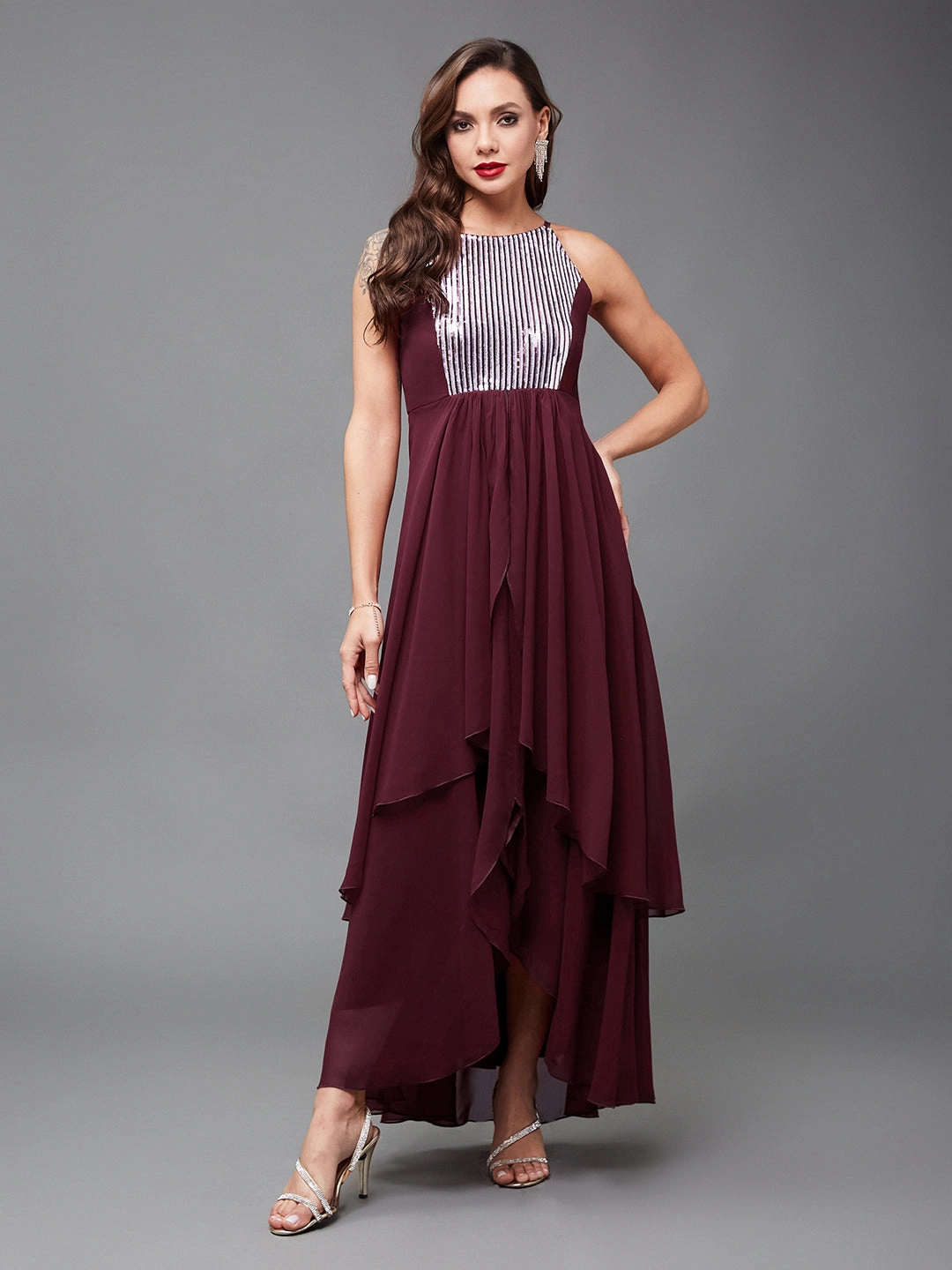 Lightweight-Layer Soft and Smooth Women's Multicolored-Base-Wine Halter Neck Sleeveless Embellished Layered Georgette Maxi Dress