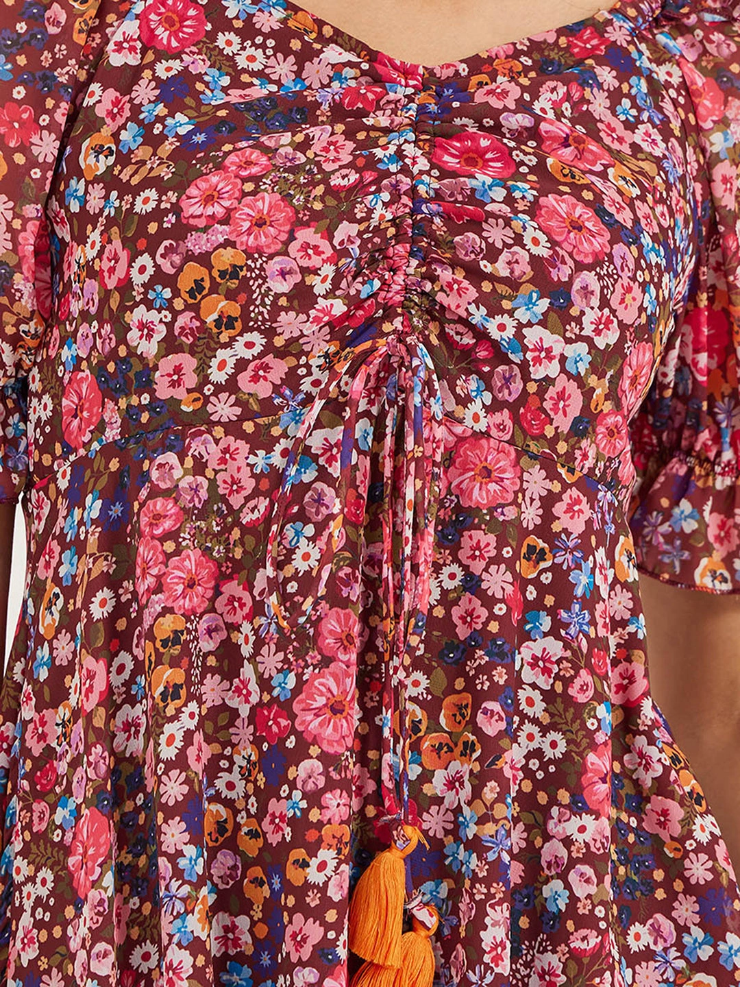 Urban Touch Soft Fit Wear Women's Multicolored-Base-Wine V-Neck Puff Sleeve Floral Ruching Ankle-Length Dress