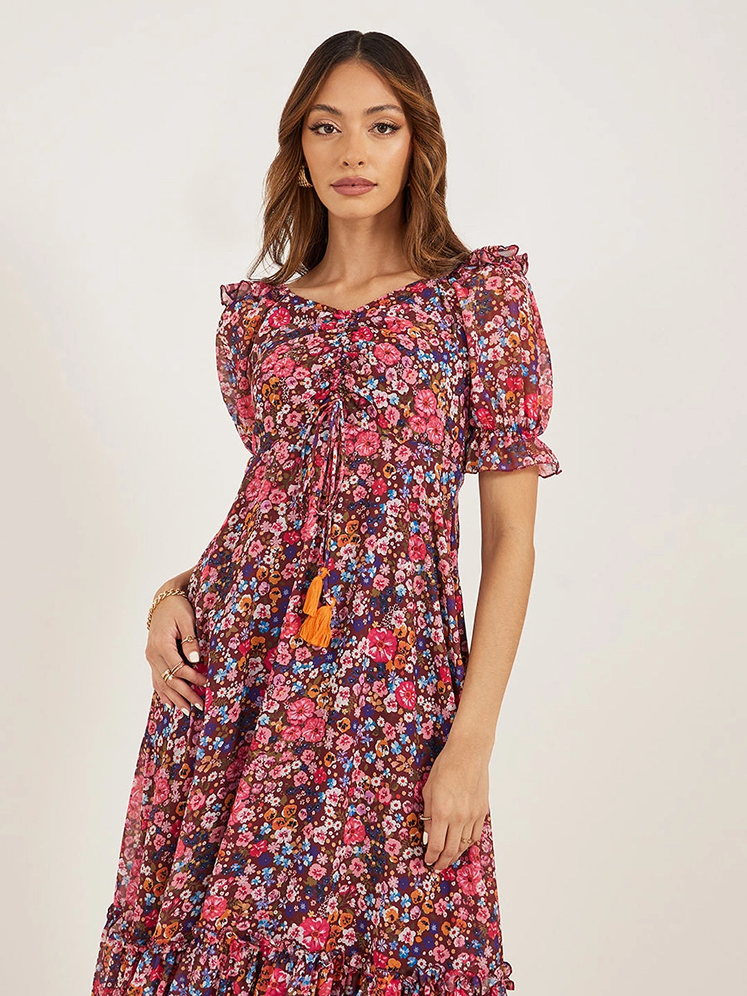 Thermal-Lined Sophisticated Layers Women's Multicolored-Base-Wine V-Neck Puff Sleeve Floral Ruching Ankle-Length Dress