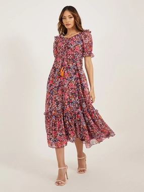 Women's Multicolored-Base-Wine V-Neck Puff Sleeve Floral Ruching Ankle-Length Dress Playful design piece