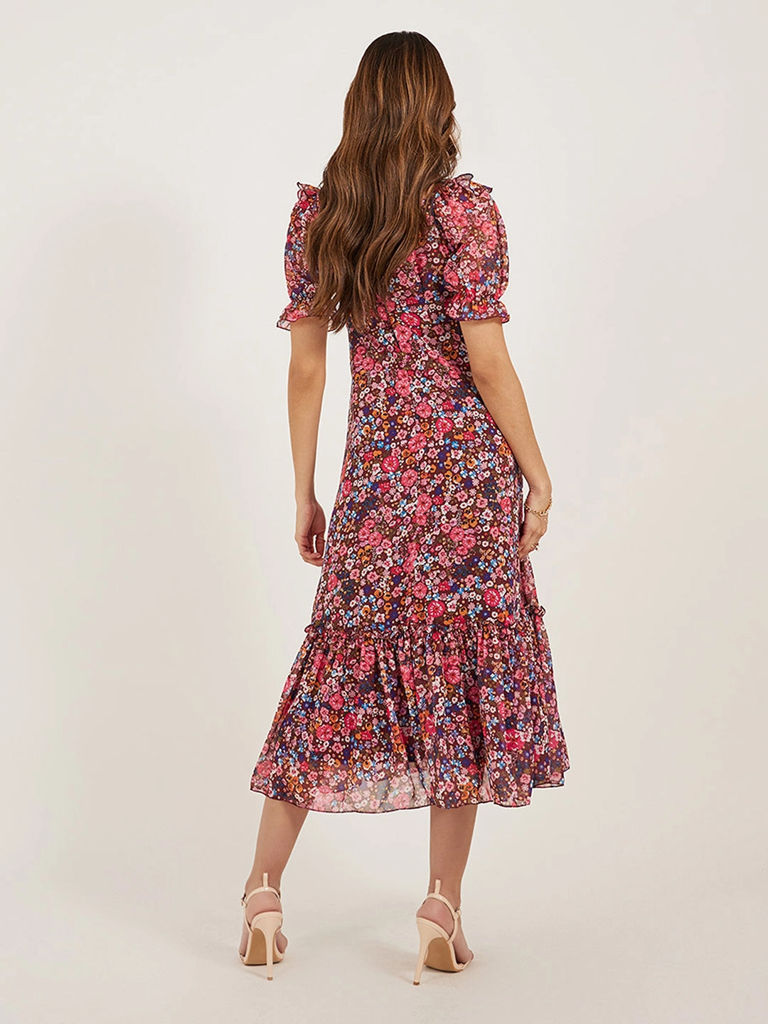 FlexibleClosure Daywear Mood Women's Multicolored-Base-Wine V-Neck Puff Sleeve Floral Ruching Ankle-Length Dress