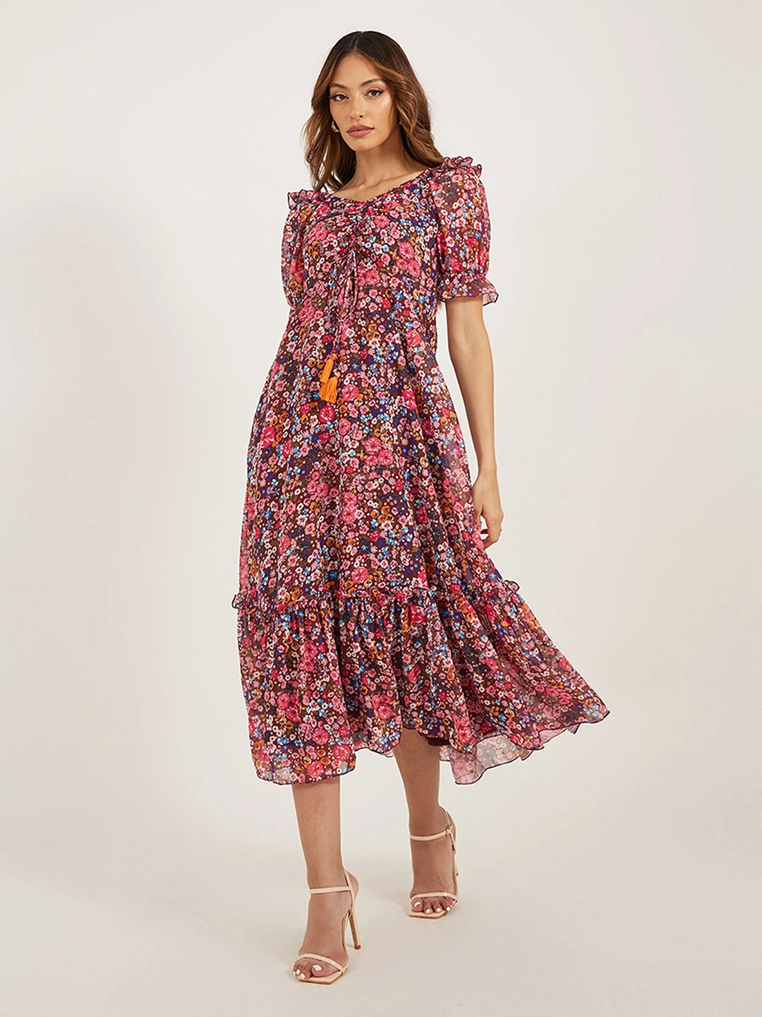 Women's Multicolored-Base-Wine V-Neck Puff Sleeve Floral Ruching Ankle-Length Dress Playful design piece