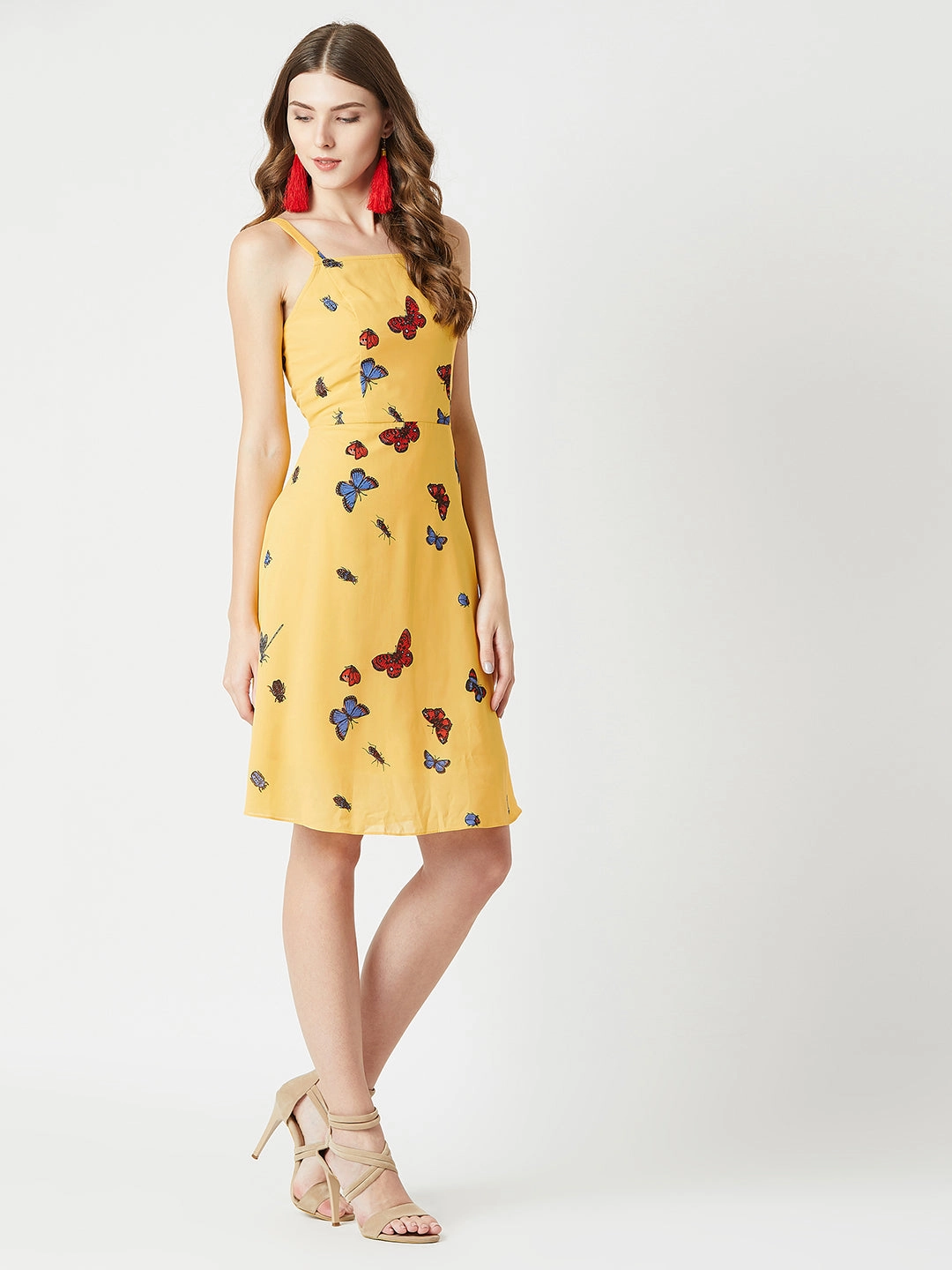 Understated Elegance Printed-Lining Women's Multicolored Base Yellow Square Neck Sleeveless Printed Skater Mini Dress