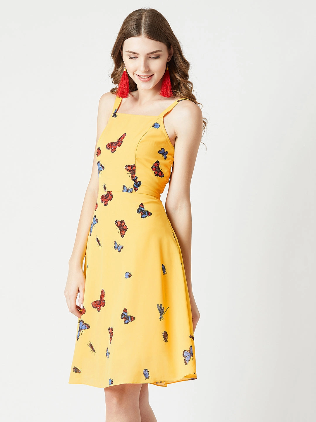 Women's Multicolored Base Yellow Square Neck Sleeveless Printed Skater Mini Dress Versatile sundress All-Purpose Wear