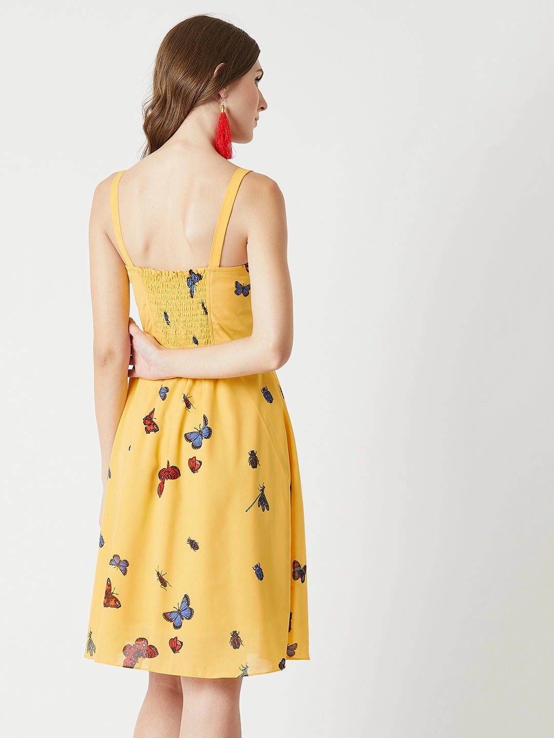 Soft color Women's Multicolored Base Yellow Square Neck Sleeveless Printed Skater Mini Dress