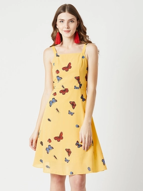 Women's Multicolored Base Yellow Square Neck Sleeveless Printed Skater Mini Dress Sleek and Flattering