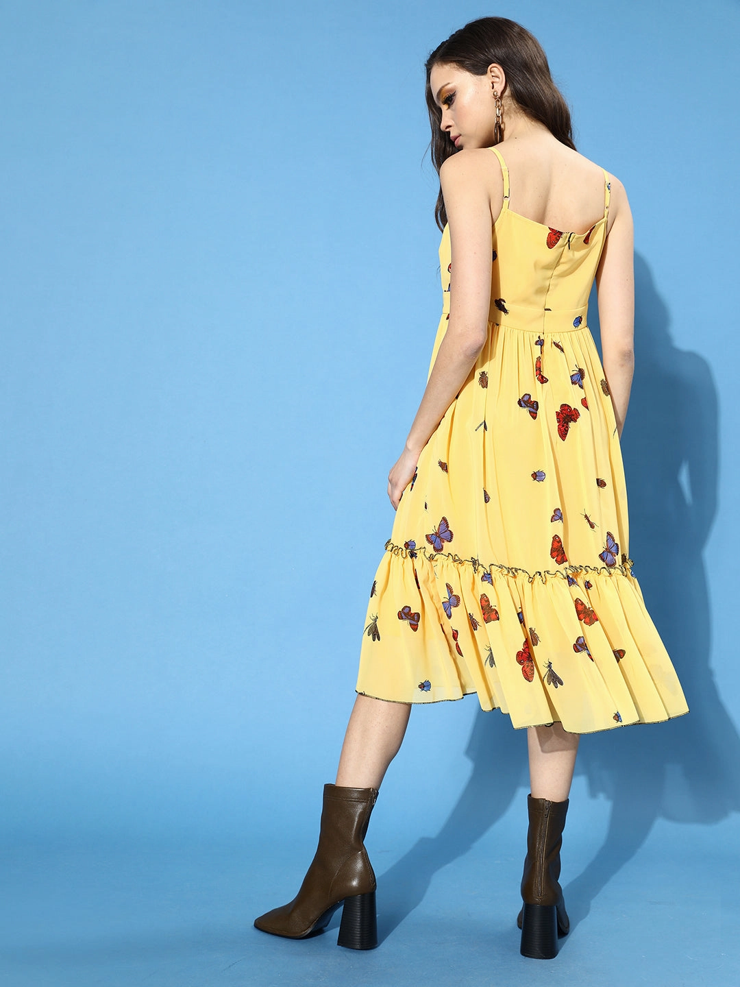 Women's Multicolored-Base-Yellow Square Sleeveless Printed Gathered Midi Dress Street Flex