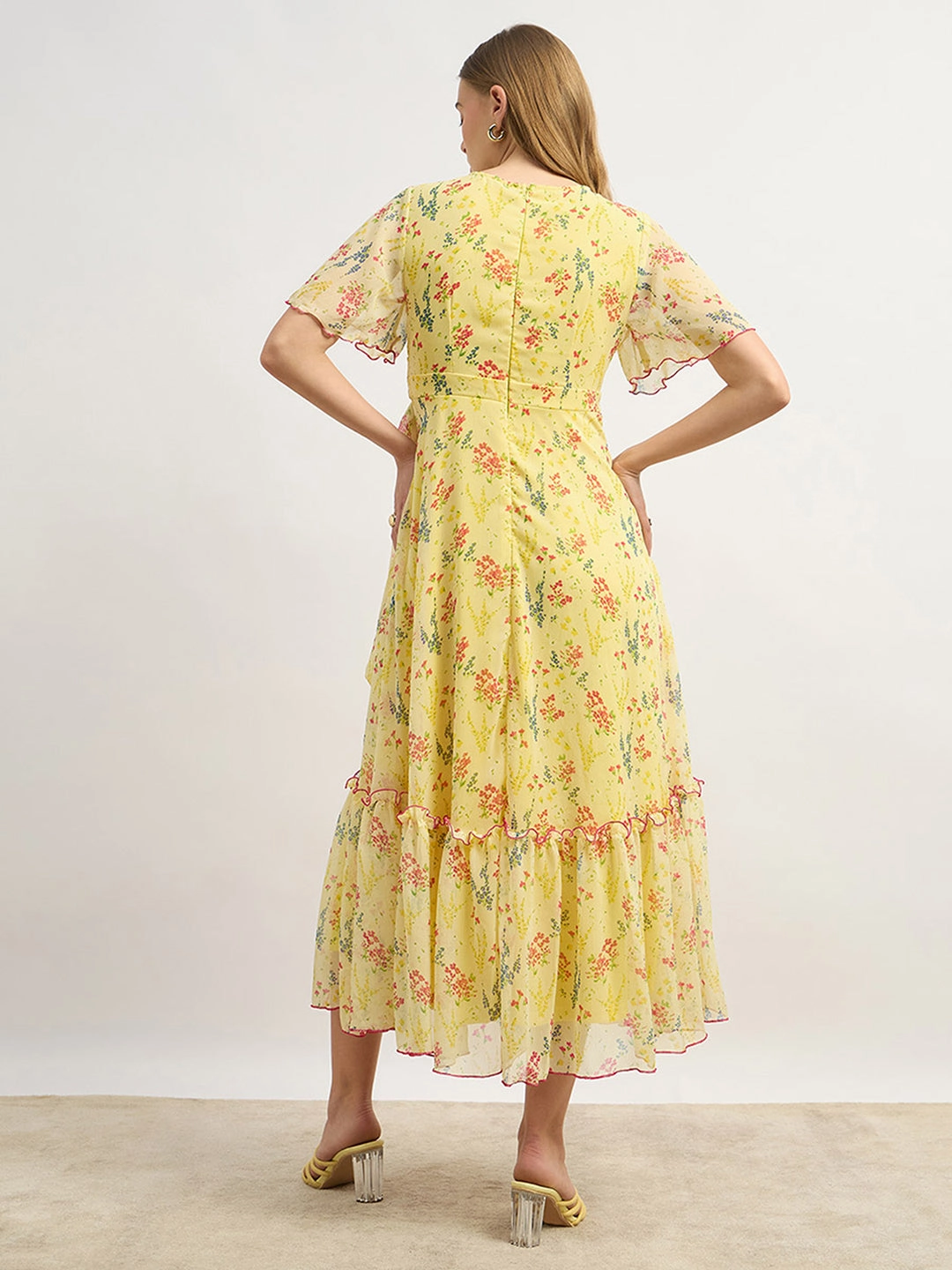 Bold Touch Easy and Effortless Women's Multicolored-Base-Yellow V Neck Flared Sleeve Floral Wrap Maxi Dress