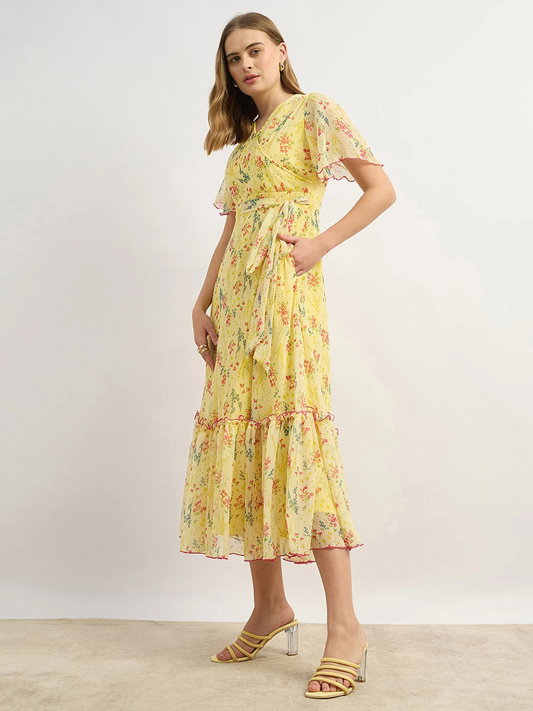 Women's Multicolored-Base-Yellow V Neck Flared Sleeve Floral Wrap Maxi Dress Match Quick Sharp Edge