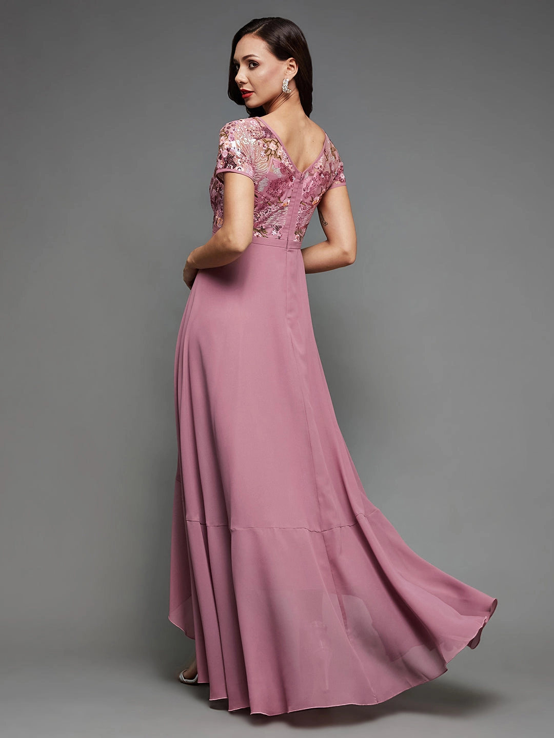 Women's Multicolored Lavender Round Neck Short Sleeve Floral D Sequin Embroidery Dress Soft Design