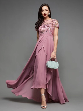 Women's Multicolored Lavender Round Neck Short Sleeve Floral D Sequin Embroidery Dress Trend Smart Vibrant Design