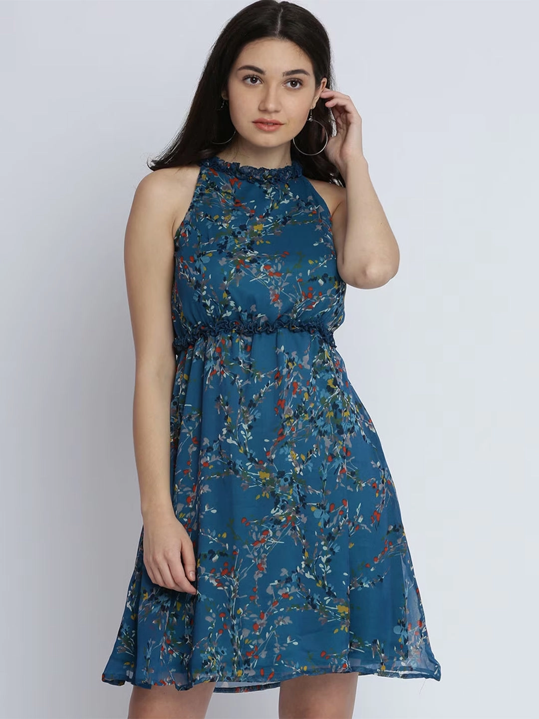Women's Multicolored Round Neck Sleeveless Floral Ruffled Gathered Knee-Long Skater Dress Warm Base Pure Color