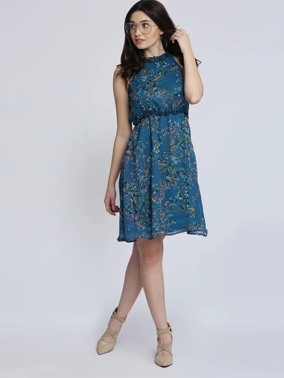 Women's Multicolored Round Neck Sleeveless Floral Ruffled Gathered Knee-Long Skater Dress Stylish Fit