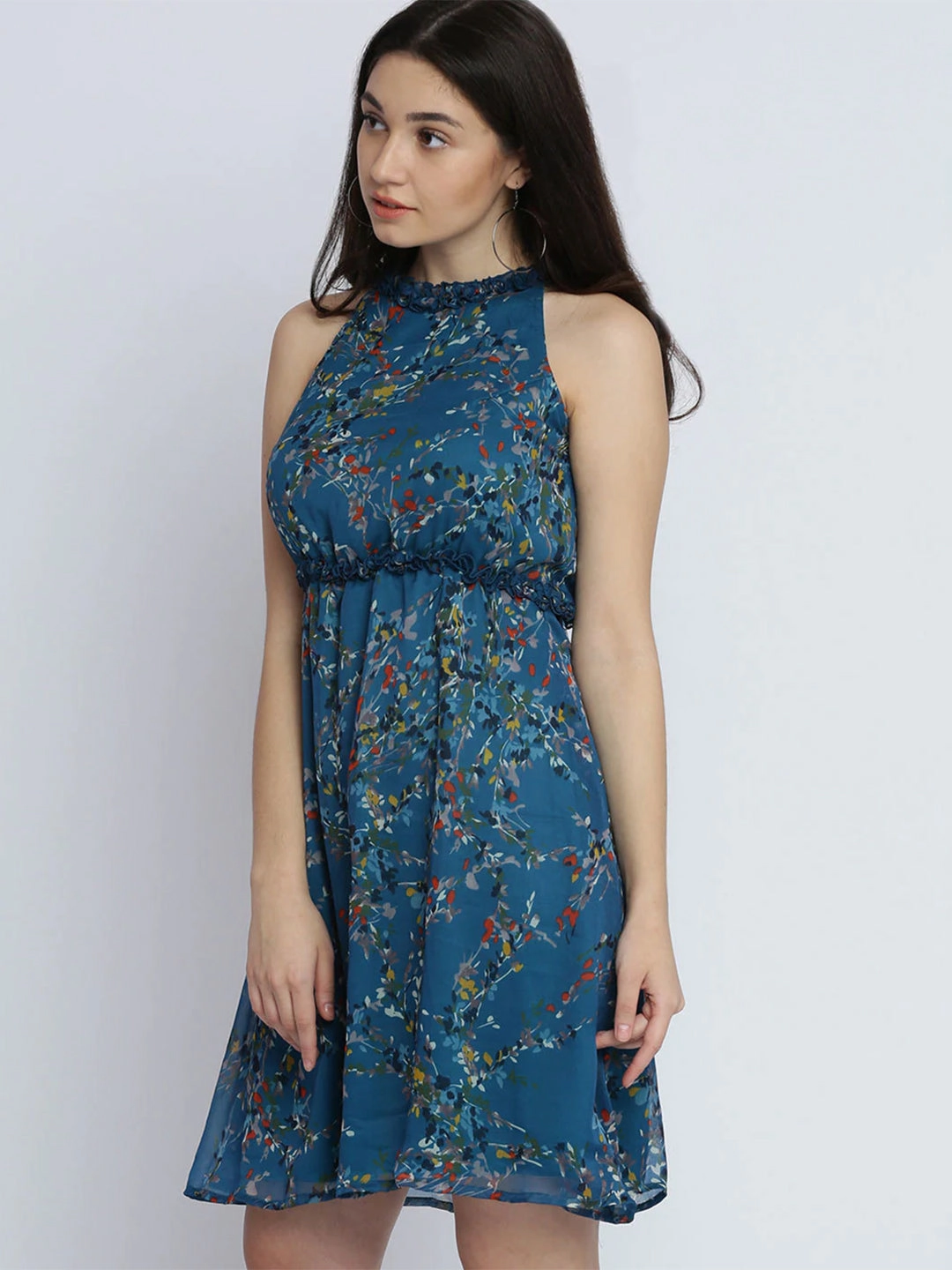 Versatile occasion dress Women's Multicolored Round Neck Sleeveless Floral Ruffled Gathered Knee-Long Skater Dress