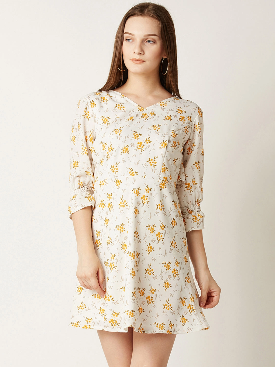 Chic and Cozy Women's Multicolored V-Neck 3/4 Sleeve Floral Ruffled Mini Skater Dress