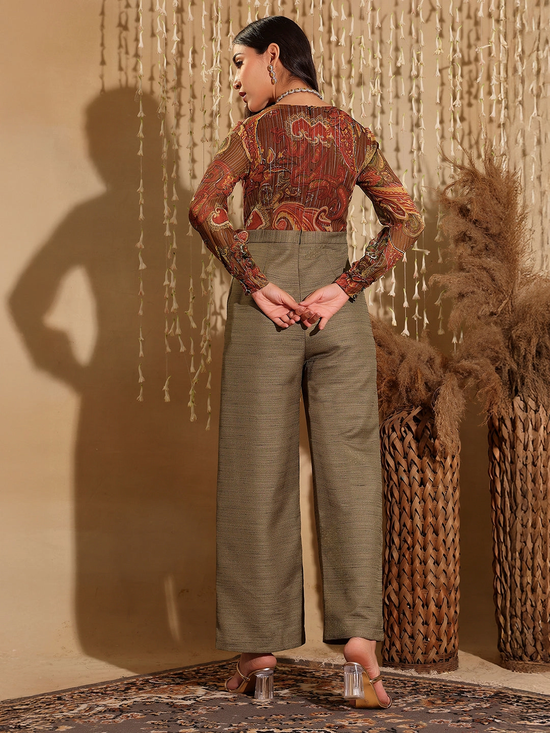 Women's Multicolored V-Neck Bishop Sleeve Bohemian Patterned Straight Leg Wrap Regular Silk Jumpsuit Chic Fit Wear