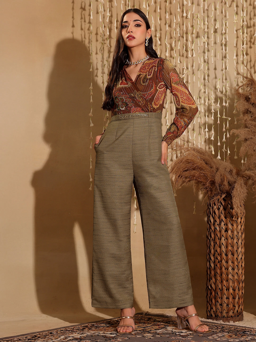 Versatile Wearable Women's Multicolored V-Neck Bishop Sleeve Bohemian Patterned Straight Leg Wrap Regular Silk Jumpsuit