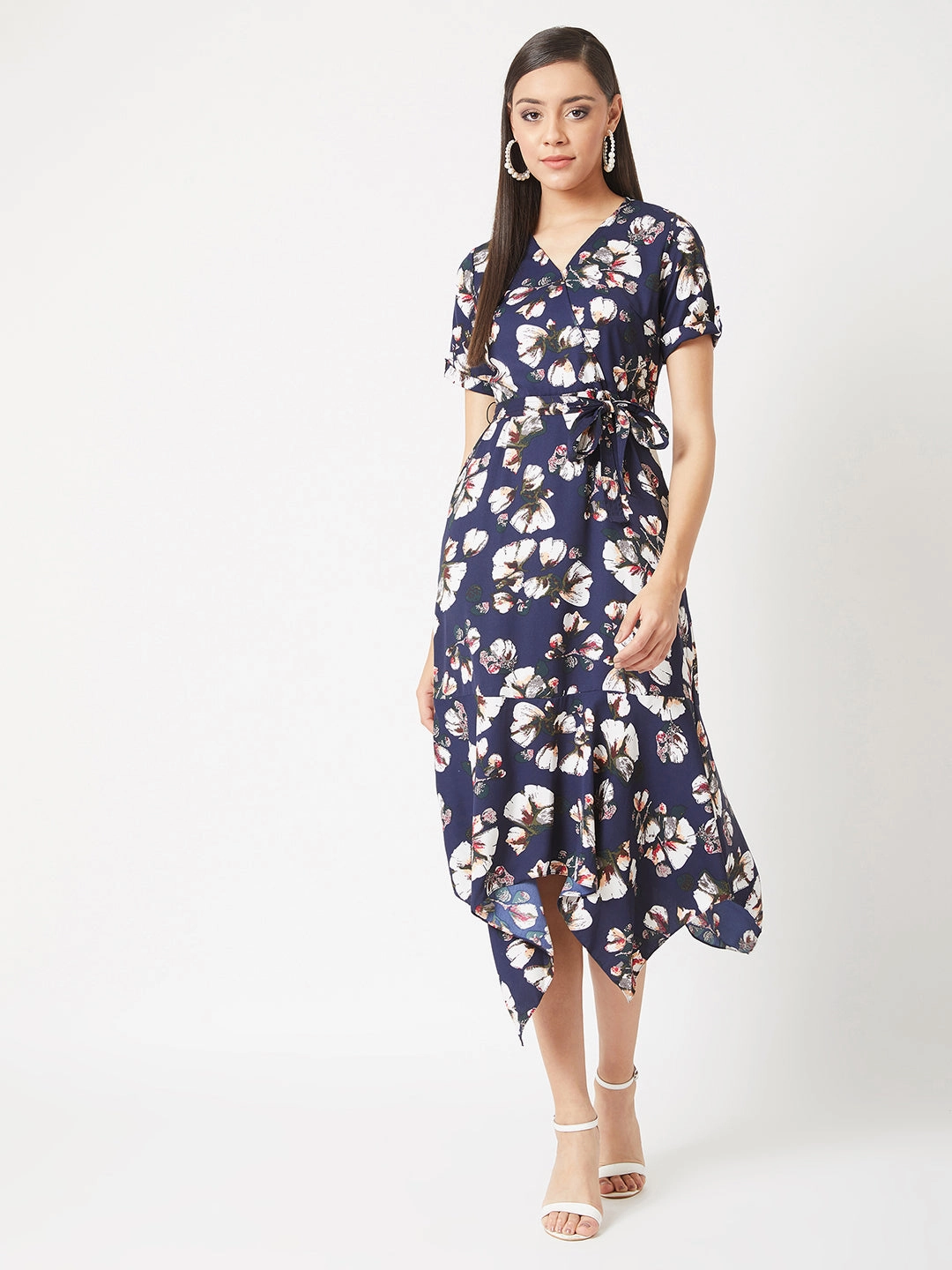 Women's Multicolored V-Neck Half Sleeve Floral Midi Belted Wrap Dress Work Vibes All Fit Style