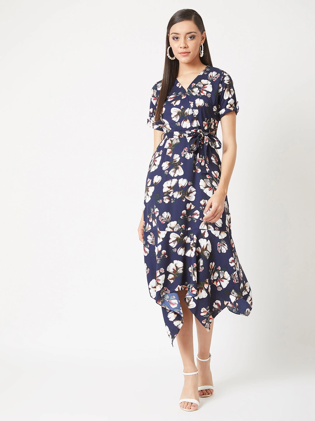Women's Multicolored V-Neck Half Sleeve Floral Midi Belted Wrap Dress Clean Edge Snap-Closure
