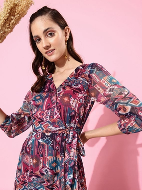 Move Free Women's Multicolored V-Neck Three-Quarter Sleeve Geometric Patterned Wrap Midi Chiffon Dress