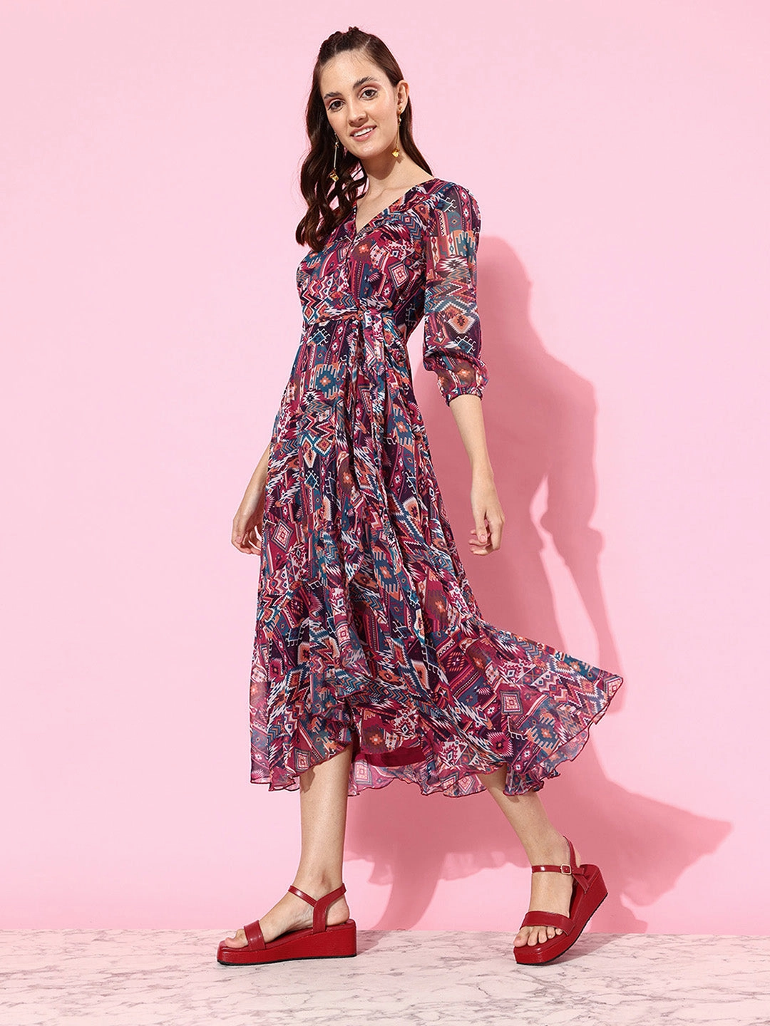 Lined interior Built-In-Slip Women's Multicolored V-Neck Three-Quarter Sleeve Geometric Patterned Wrap Midi Chiffon Dress