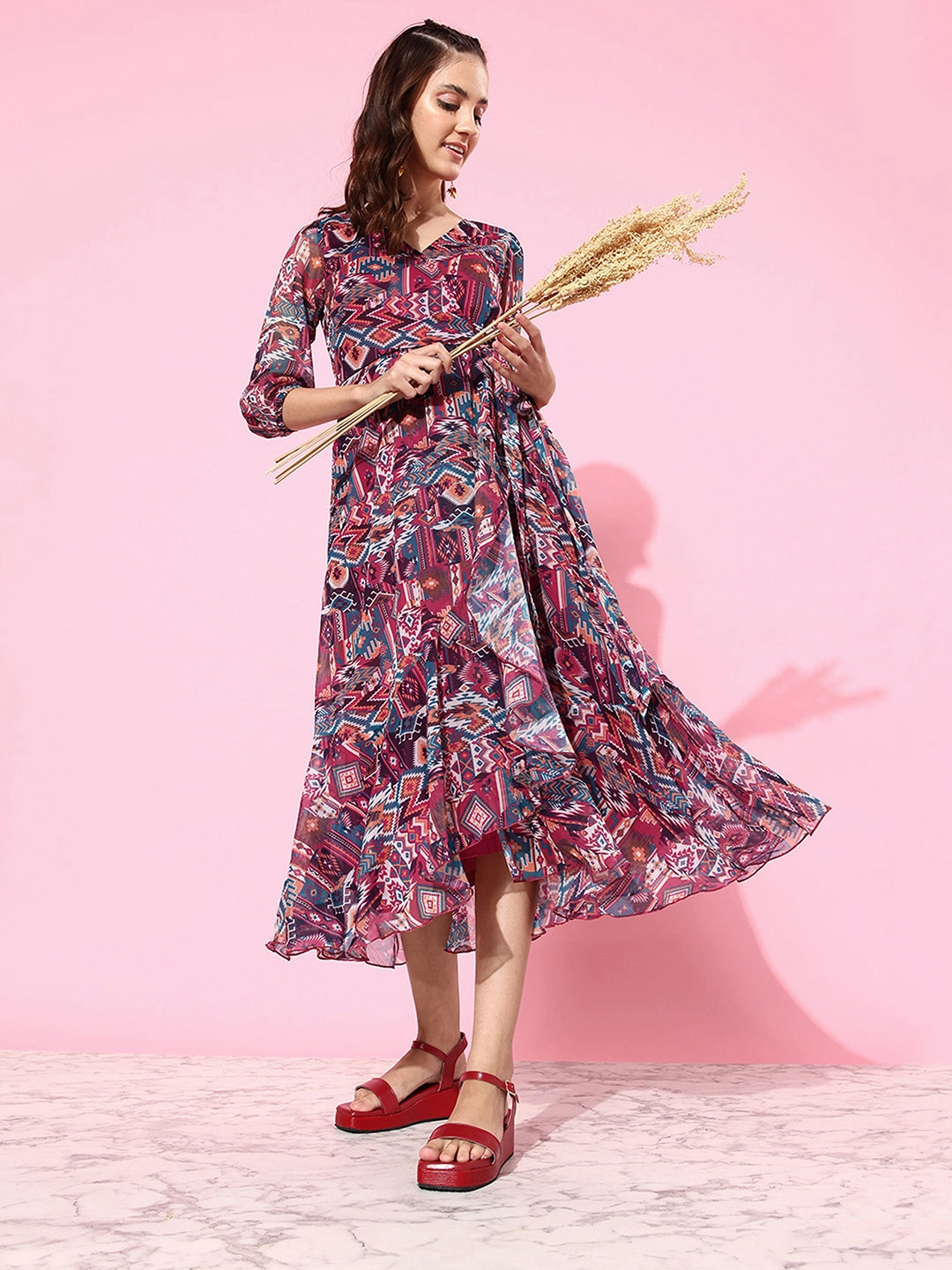 Trendy Layer Invisible-Zip Women's Multicolored V-Neck Three-Quarter Sleeve Geometric Patterned Wrap Midi Chiffon Dress