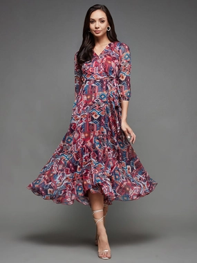 Women's Multicolored V-Neck Three-Quarter Sleeve Geometric Patterned Wrap Midi Chiffon Dress Edge Detail London Edge