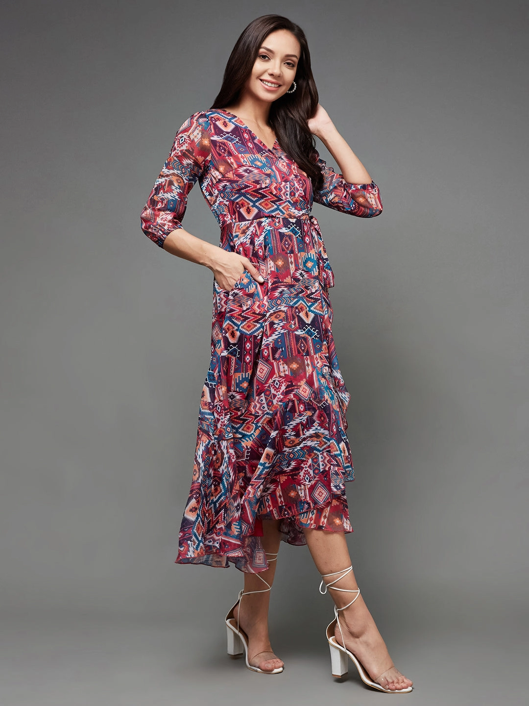 Women's Multicolored V-Neck Three-Quarter Sleeve Geometric Patterned Wrap Midi Chiffon Dress Occasion Ready Fresh Glow