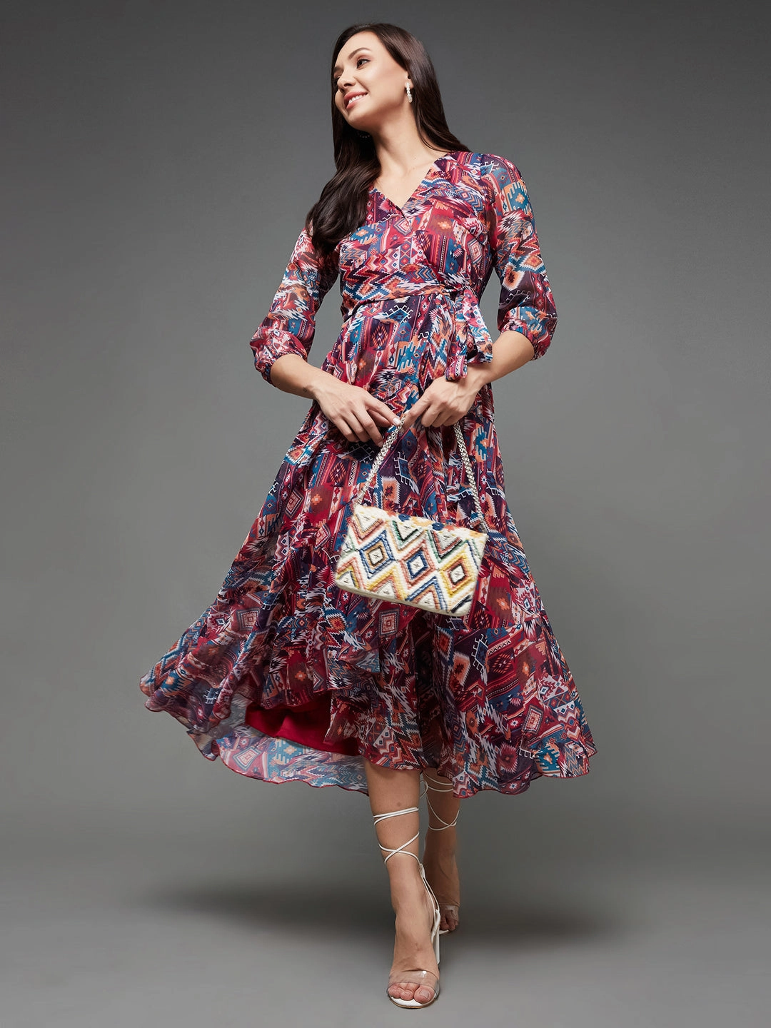 Women's Multicolored V-Neck Three-Quarter Sleeve Geometric Patterned Wrap Midi Chiffon Dress Premium Look