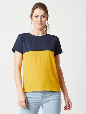 NonIrritatingTags Women's Multicolored With A Navy Blue Base Round Neck Short Sleeve Solid Color block Boxy Top