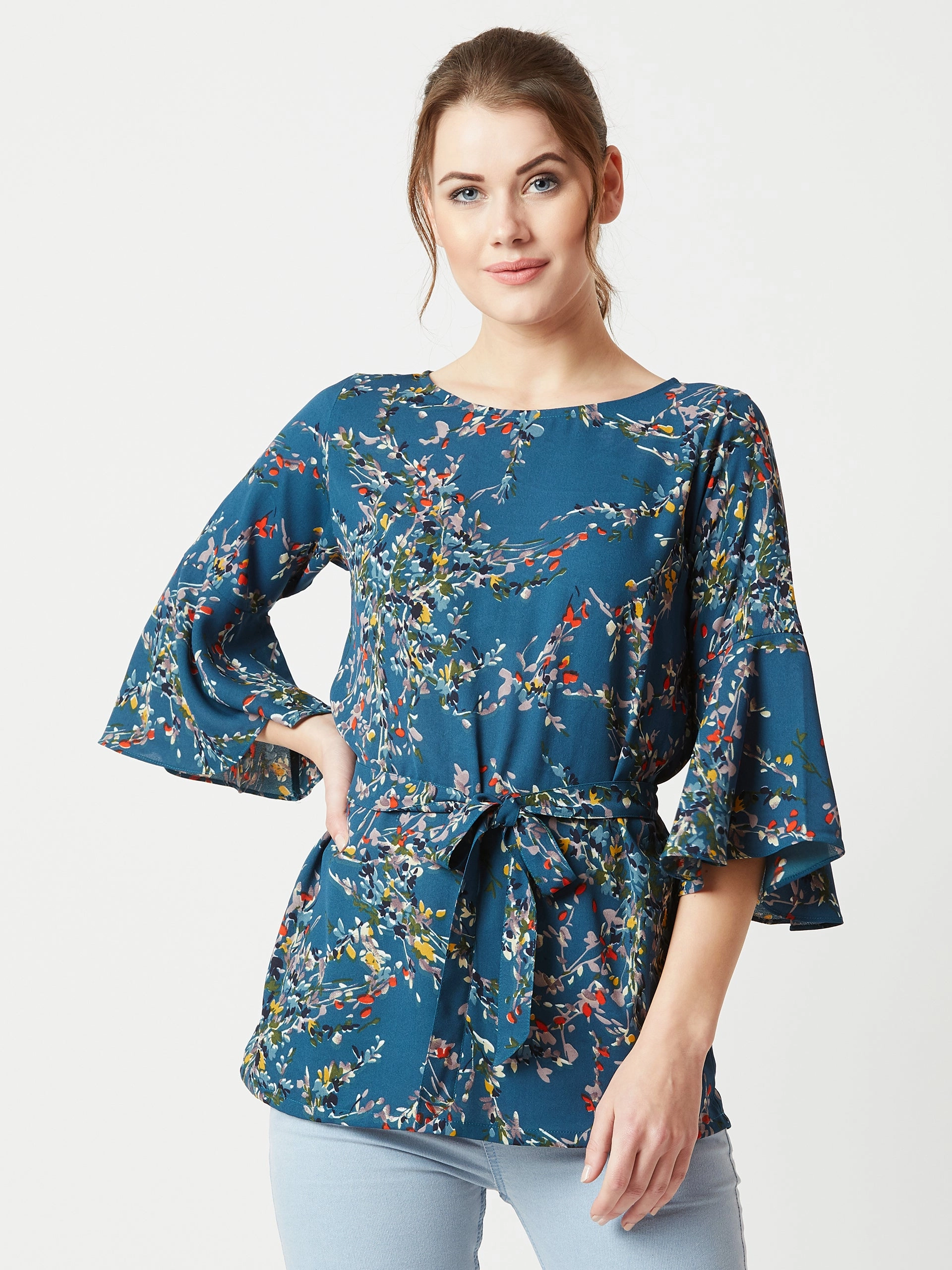Textured Weave Women's Multicolored With A Turquoise Base Boat Neck Ruffled 3/4 Sleeves Floral Ruffled Long Belted Tie-Up Top