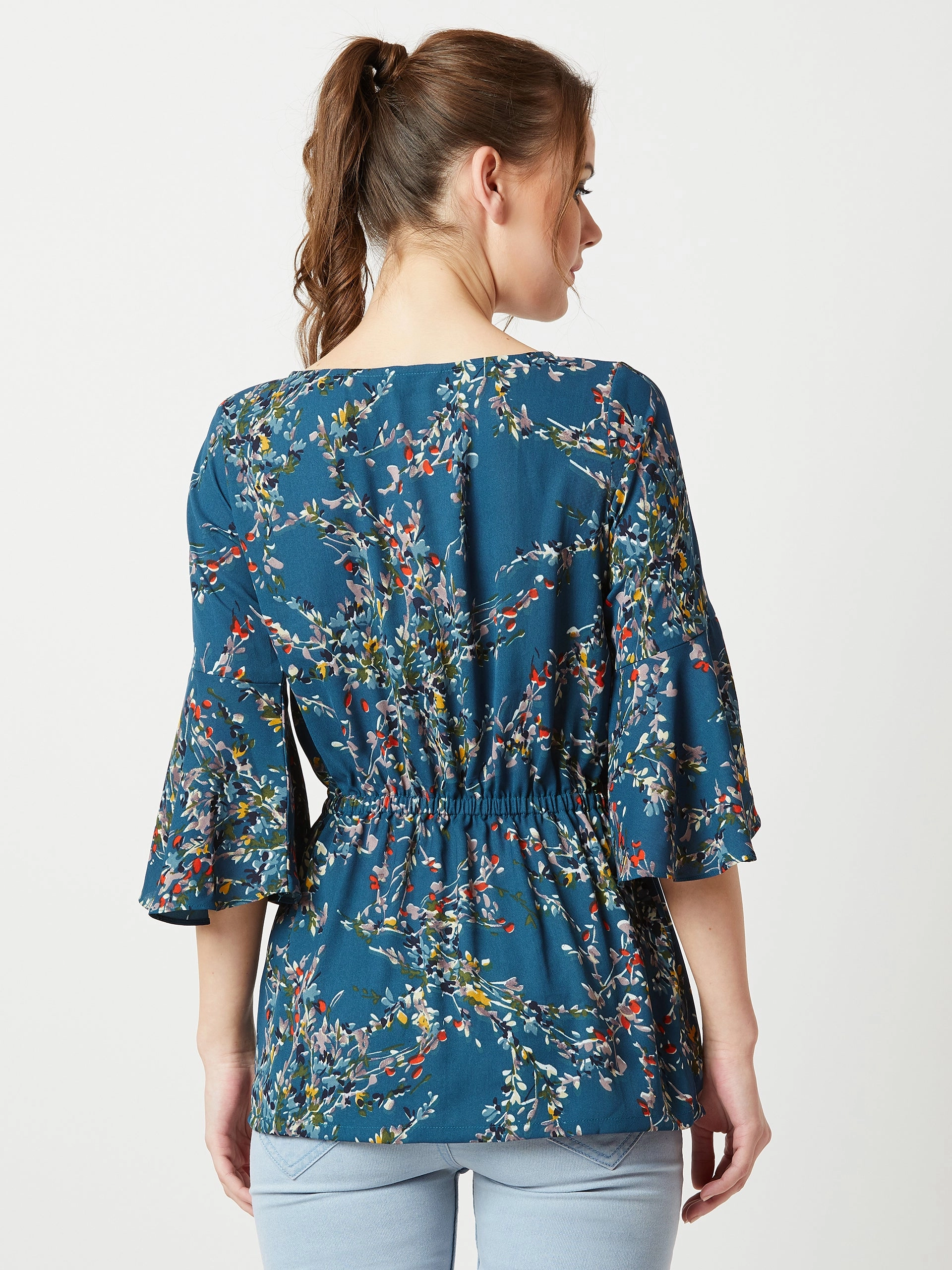 Women's Multicolored With A Turquoise Base Boat Neck Ruffled 3/4 Sleeves Floral Ruffled Long Belted Tie-Up Top Reversible design Basic Dress