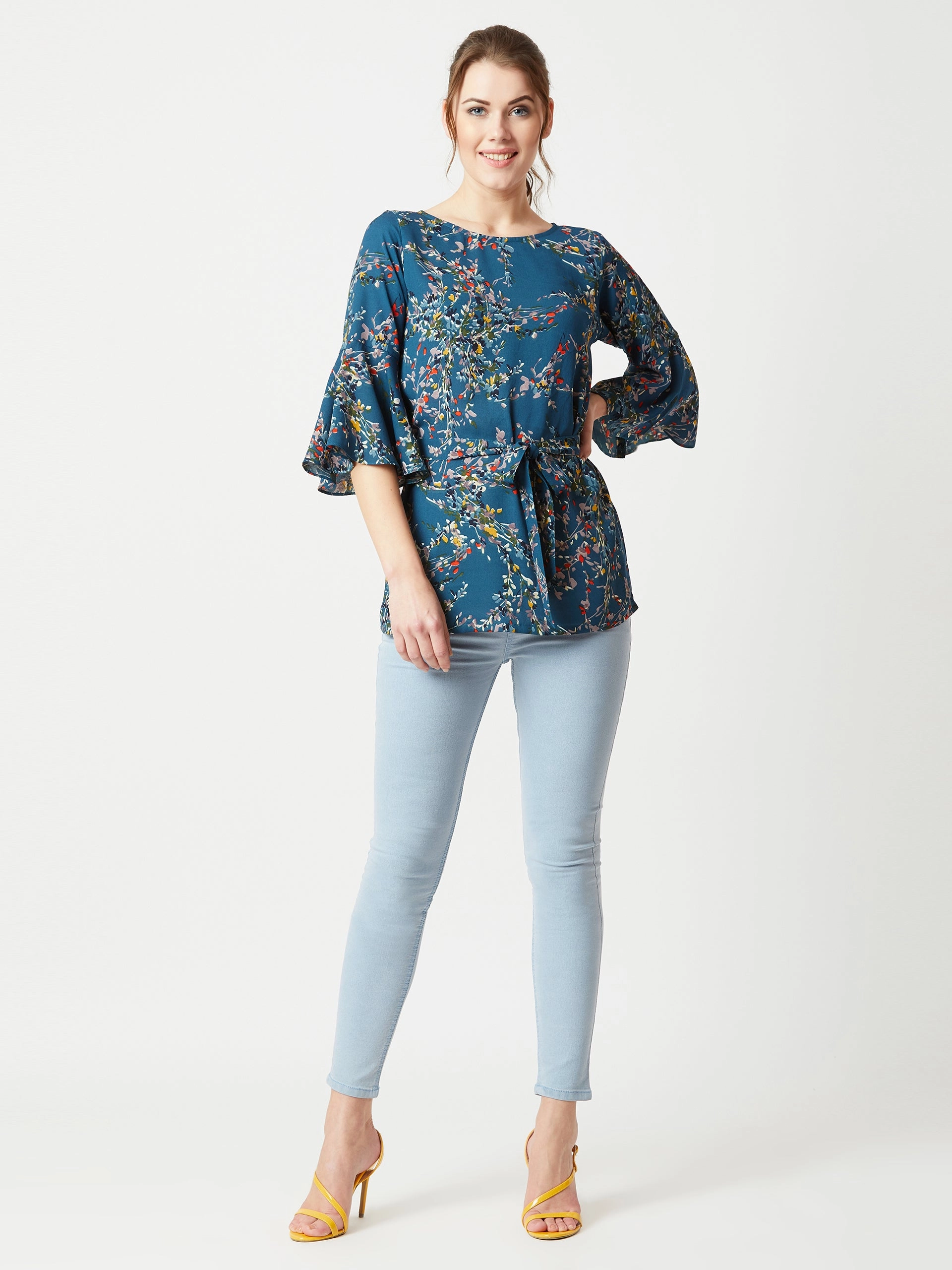 Roll Up Sleeve System Women's Multicolored With A Turquoise Base Boat Neck Ruffled 3/4 Sleeves Floral Ruffled Long Belted Tie-Up Top