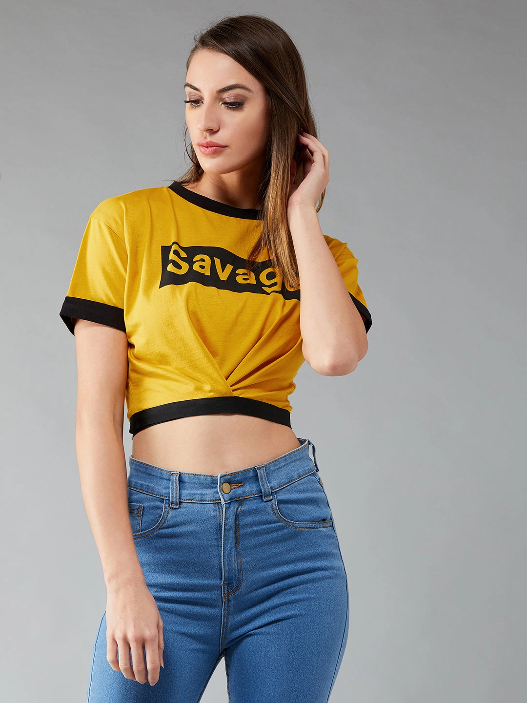 Flatlock stitching MoistureWicking Technology Women's Mustard and Black Round Neck Short Sleeve Printed Cropped T-Shirt