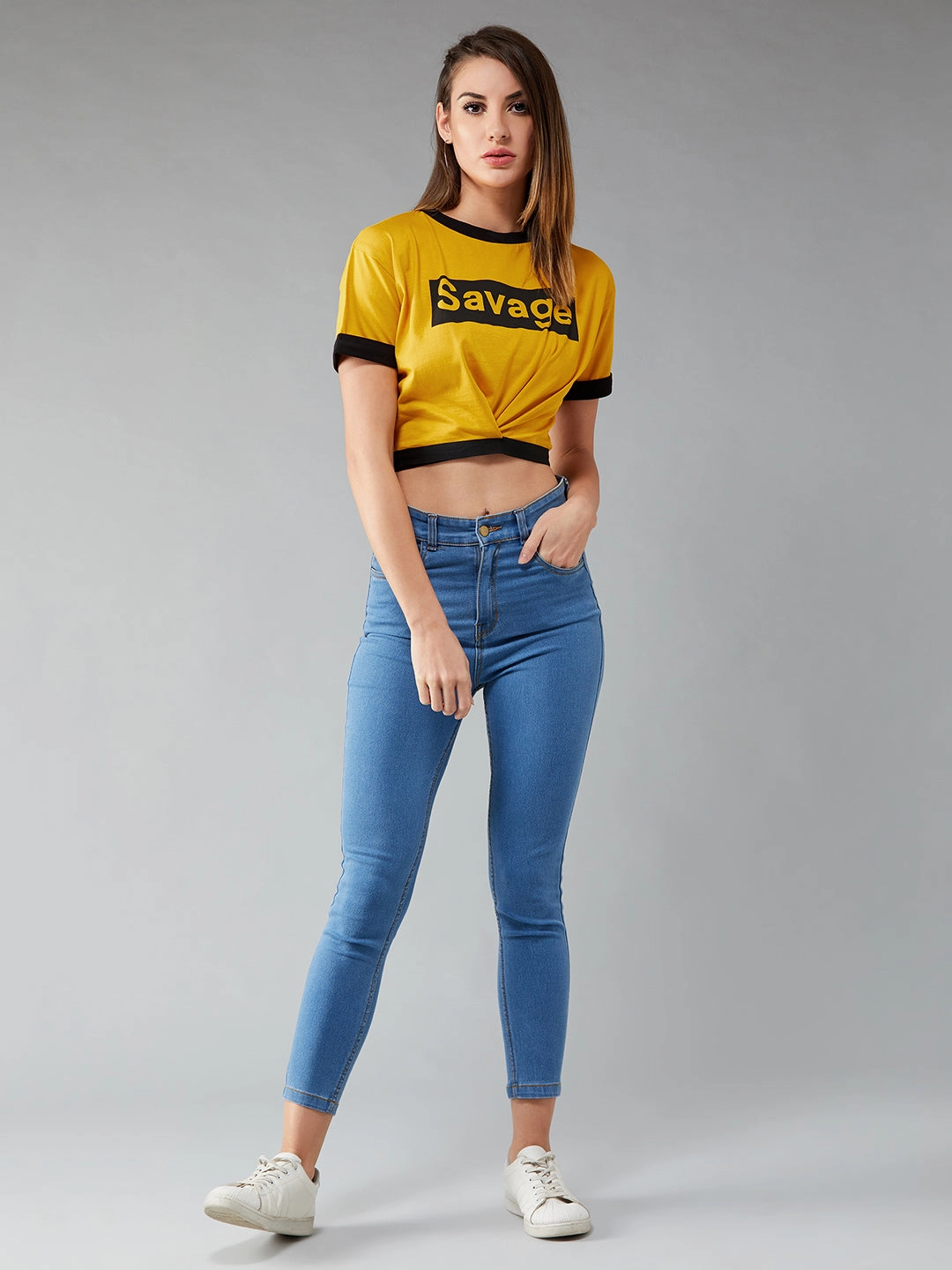 Women's Mustard and Black Round Neck Short Sleeve Printed Cropped T-Shirt Moisture Wicking Technology Active Blouse