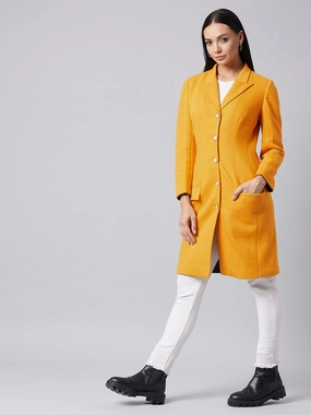 Adaptive Tension Bands Women's Mustard Notch Collar Full Sleeve Solid Front-Open Knee Length Jacket