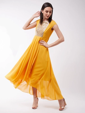 Chic Direction Balanced Tone Women's Mustard Round neck Cap Sleeve Solid Embellished Maxi Dress