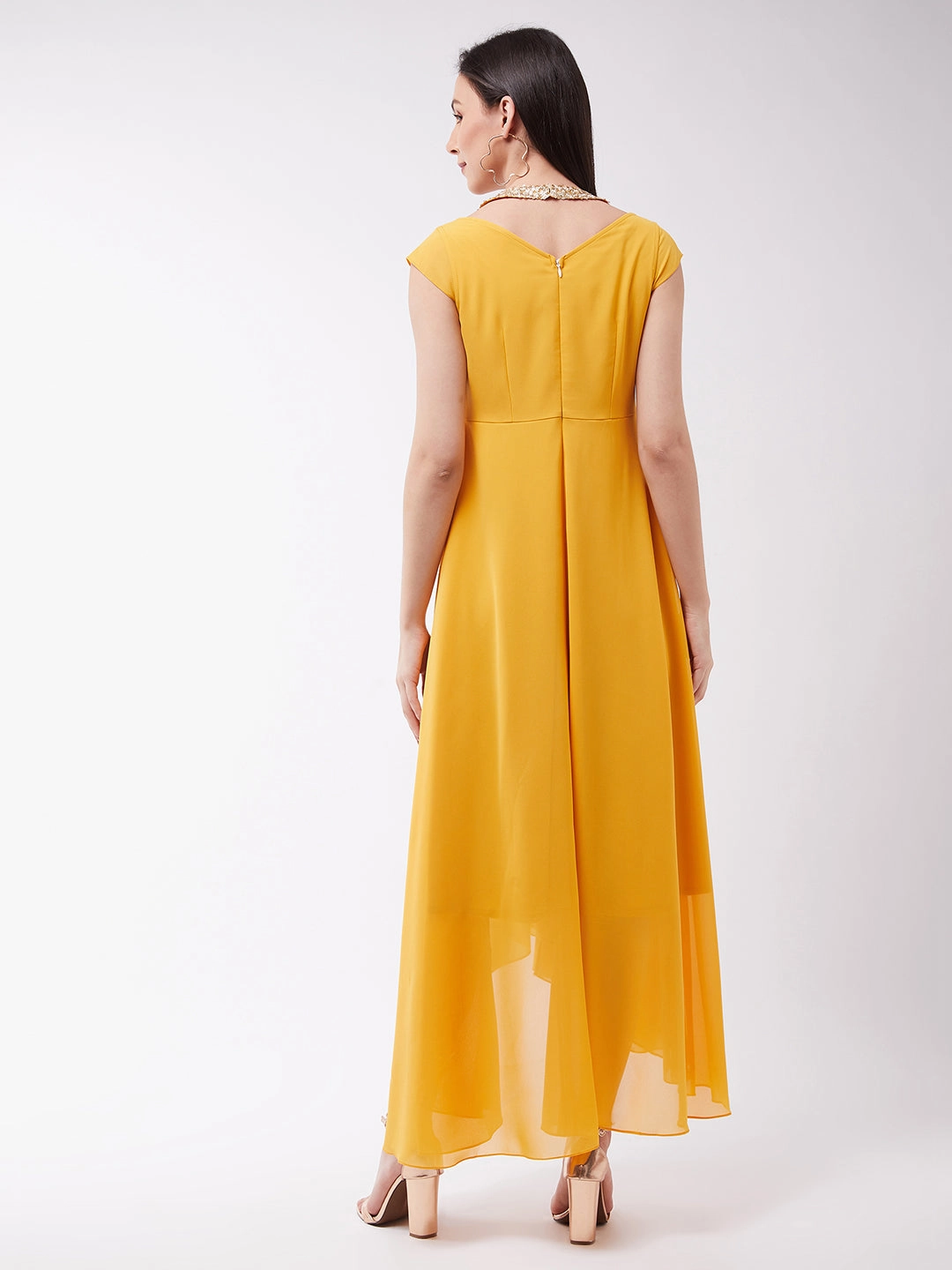 Women's Mustard Round neck Cap Sleeve Solid Embellished Maxi Dress Flattering Comfort Wear