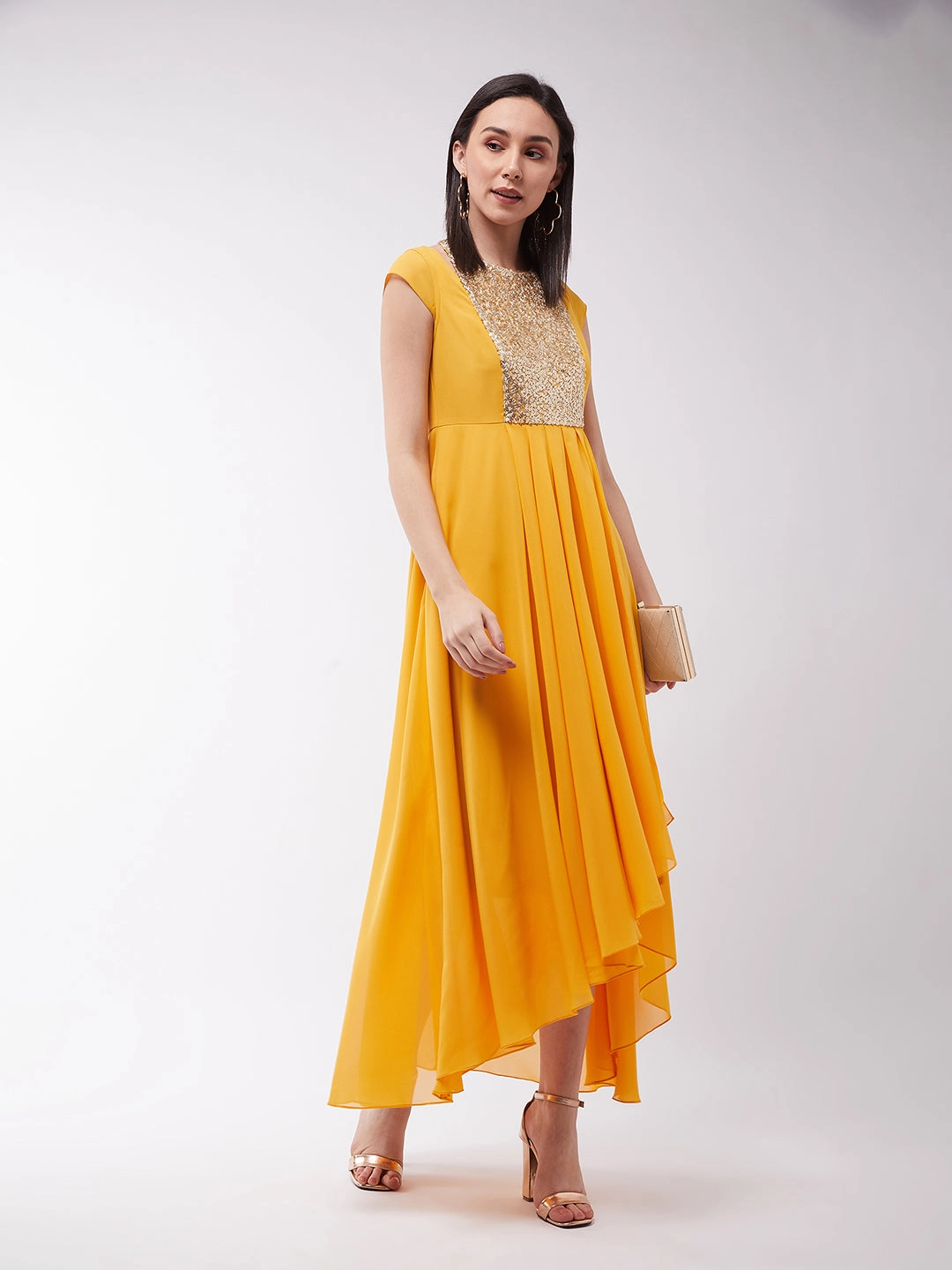 Women's Mustard Round neck Cap Sleeve Solid Embellished Maxi Dress Soft Fashion
