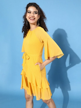 Lightweight Material Charming Design Women's Mustard-Yellow Round Neck Ruffled Sleeve Solid Ruffled Midi Dress