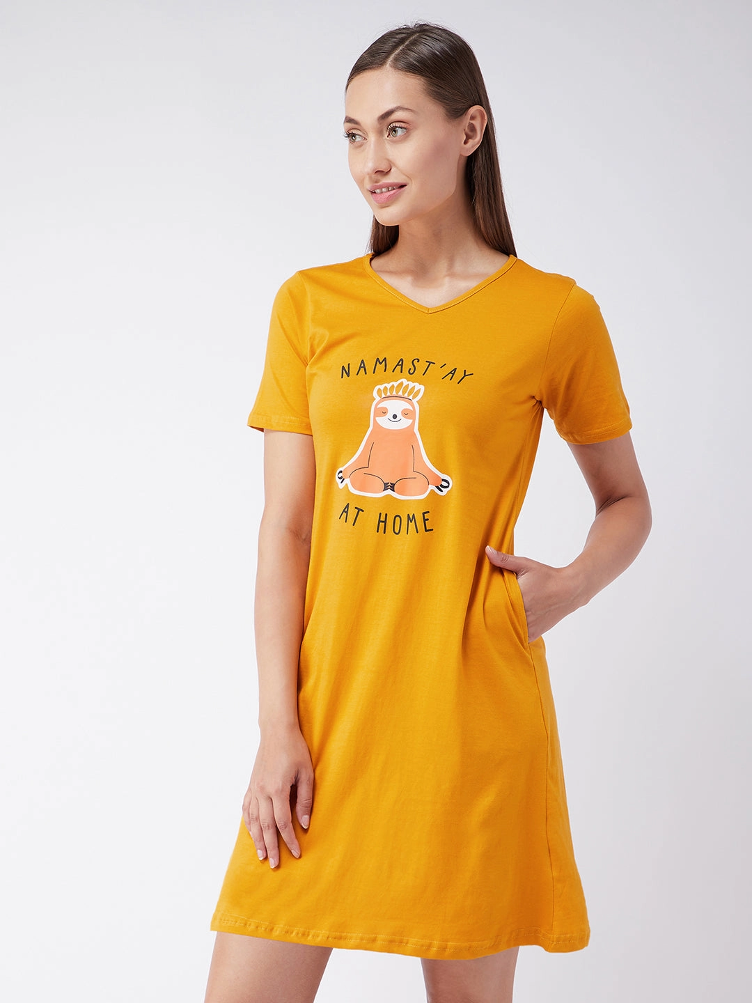 Clean Finish Women's Mustard Yellow Round Neck Short Sleeves Printed Regular length Dress