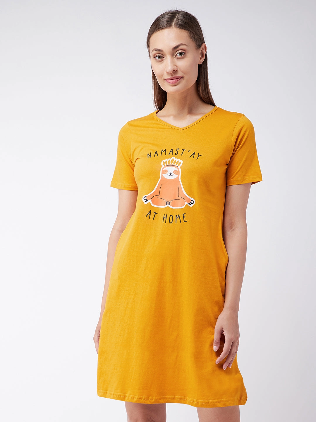 Visual Balance Chill Piece Women's Mustard Yellow Round Neck Short Sleeves Printed Regular length Dress