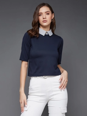 NonFadeFinish SubtleTexture Women's Navy Blue and Grey Collar Neck Half Sleeves Solid Boxy Crop Top