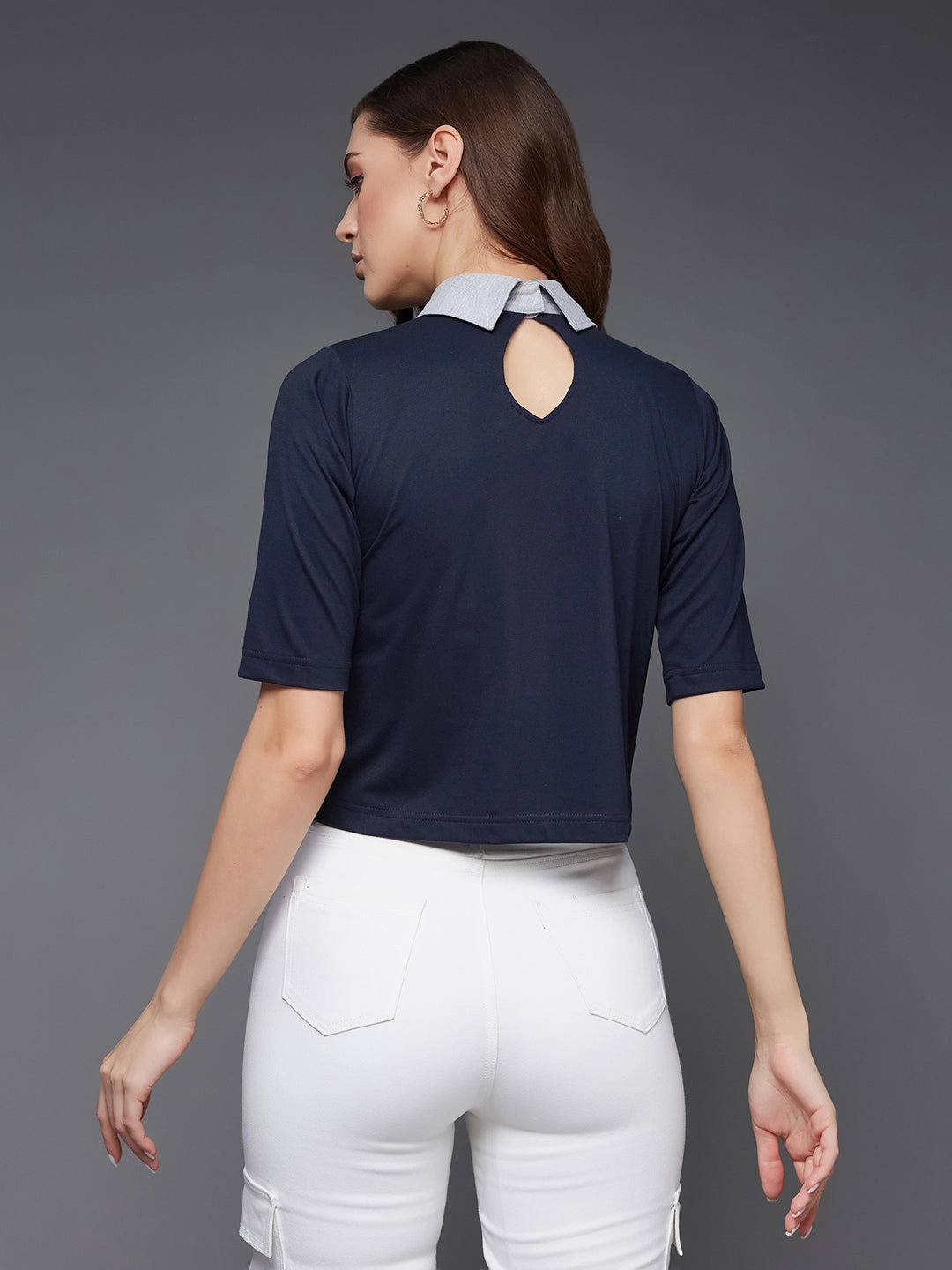 Thermal Regulation Fabric Everyday Jacket Women's Navy Blue and Grey Collar Neck Half Sleeves Solid Boxy Crop Top