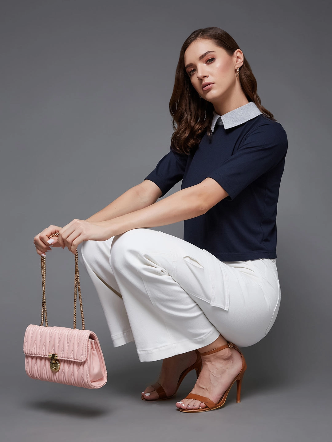 Women's Navy Blue and Grey Collar Neck Half Sleeves Solid Boxy Crop Top Curved Hem Design