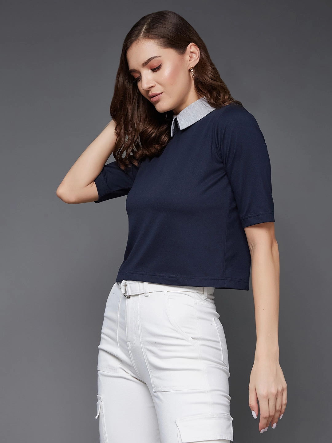HighElasticity Women's Navy Blue and Grey Collar Neck Half Sleeves Solid Boxy Crop Top
