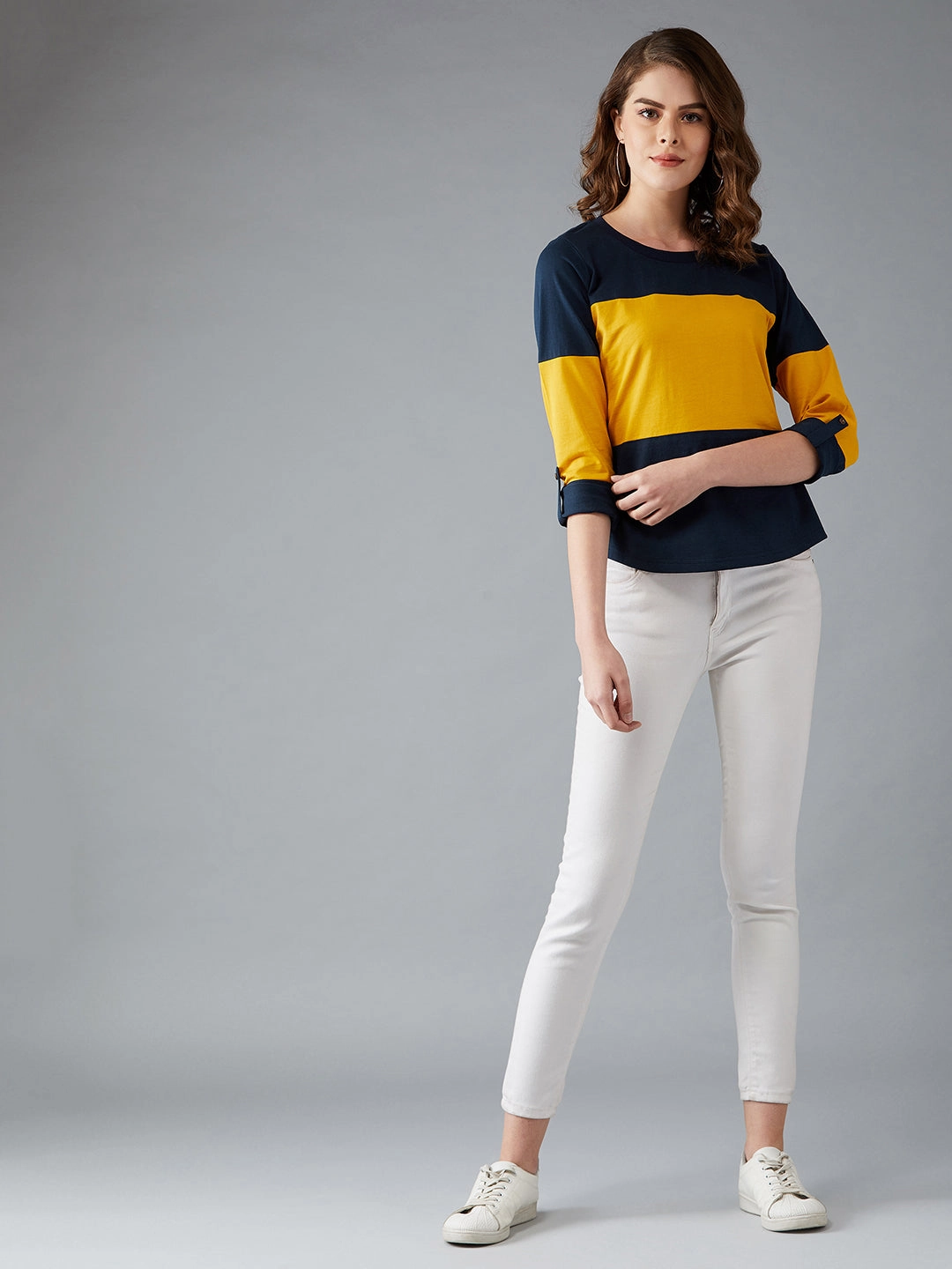 Women's Navy Blue and Mustard Round Neck Full Sleeve Solid Paneled Regular T-Shirt Contrast Stitch Detail