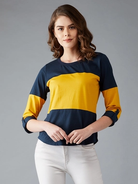 Women's Navy Blue and Mustard Round Neck Full Sleeve Solid Paneled Regular T-Shirt TemperatureRegulatingLining Wrinkle Resistant Textile